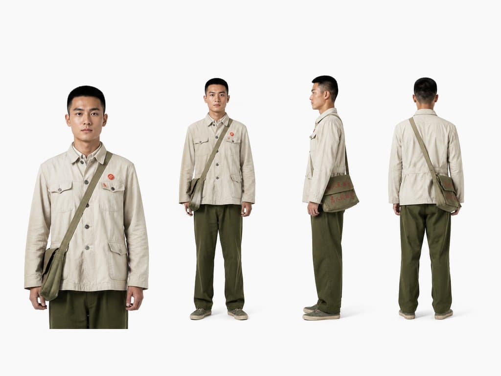 返城知青男青年身穿旧军装，平头造型，肩挎帆布包，质朴怀旧风格写实角色图
