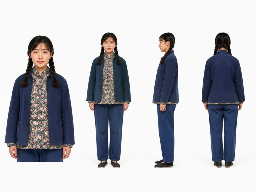 返城知青女青年，穿碎花棉袄与蓝色工装裤，麻花辫，布鞋，清秀面容，年代怀旧写实风格