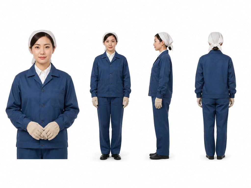 国营厂女工身穿蓝色工装，内搭白衬衫，头戴白色头巾，佩戴劳保手套，写实风格年代怀旧角色图