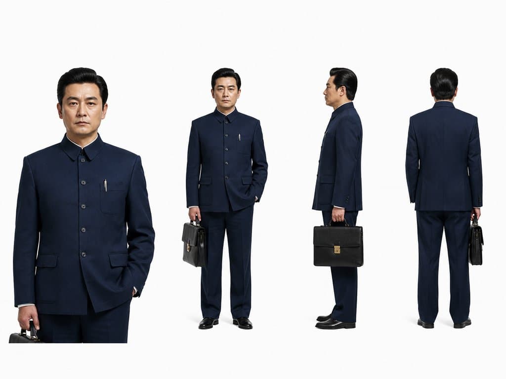 身穿深蓝色中山装的男性角色，手持公文包，大背头造型，写实风格