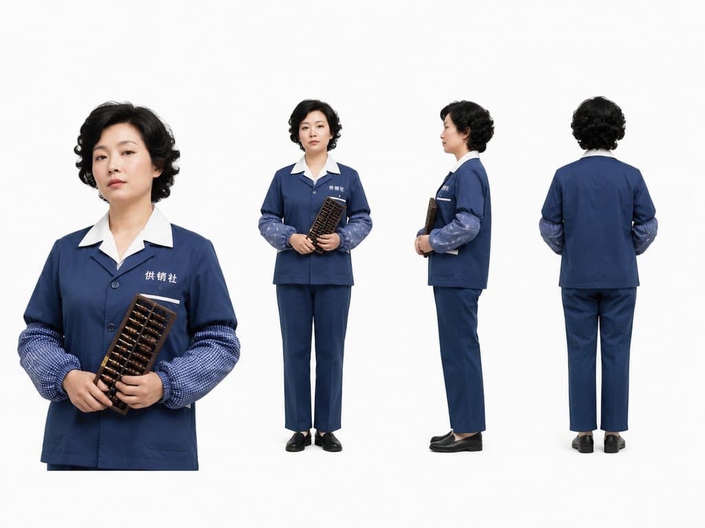 供销社女售货员，蓝白工作服配套袖，手持算盘，烫发造型，年代怀旧写实风格
