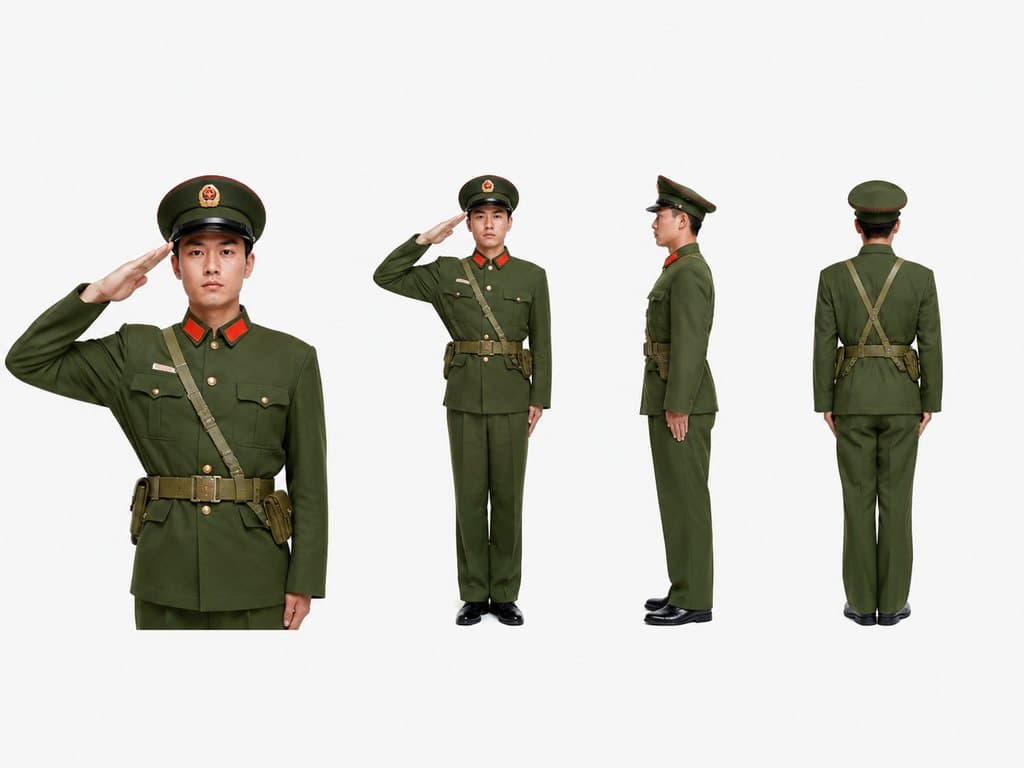 现役军人身穿绿军装，佩戴红领章和武装带，敬礼姿势，写实风格
