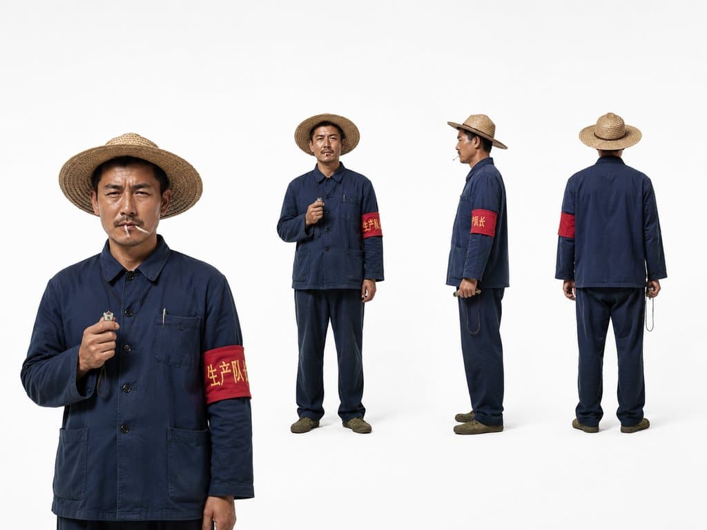生产队长身穿深蓝色旧中山装，佩戴草帽和红色臂章，手持哨子与卷烟，写实风格年代人物形象