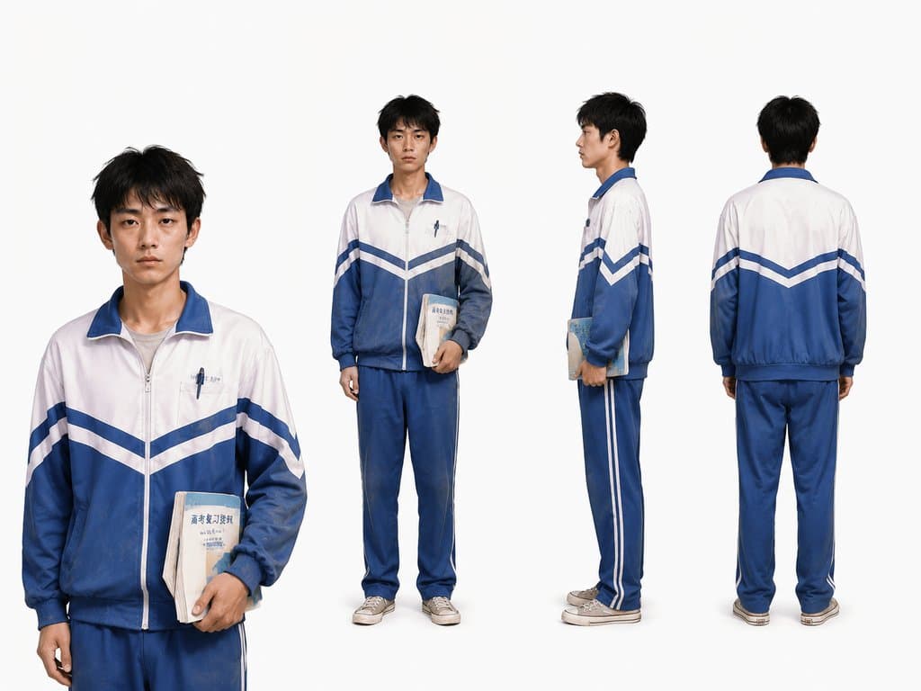 高考生身穿蓝白旧校服，手持课本和钢笔，专注神情，写实风格