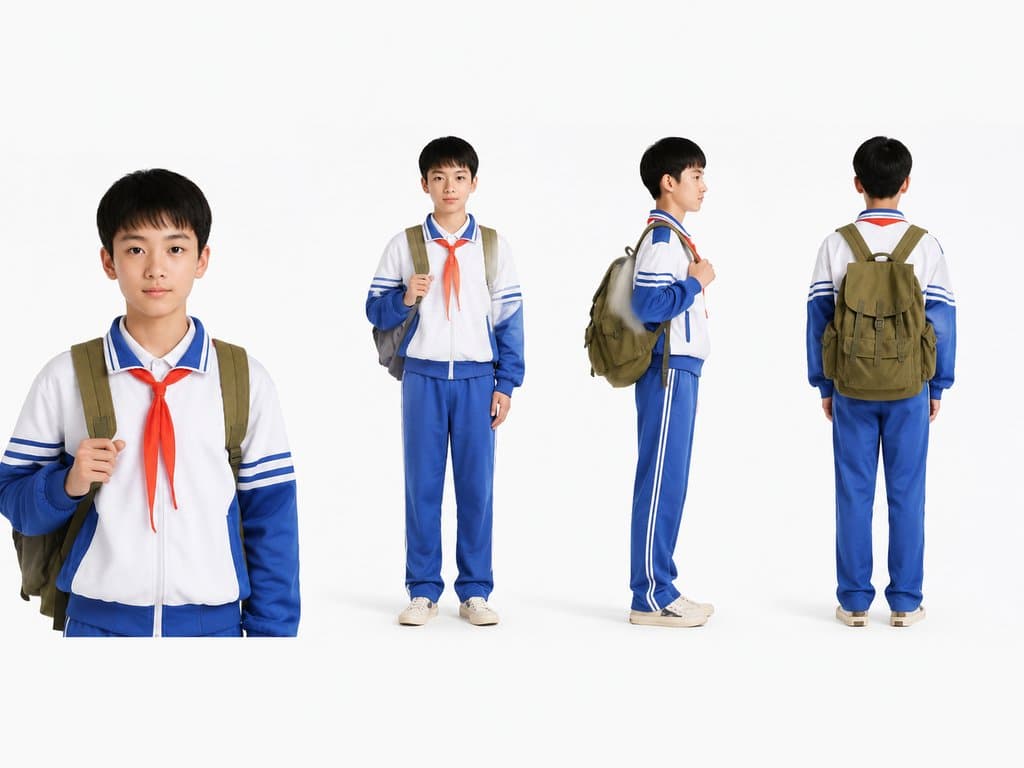 中学生身穿蓝白校服，佩戴红领巾，背着书包，多角度展示，写实风格