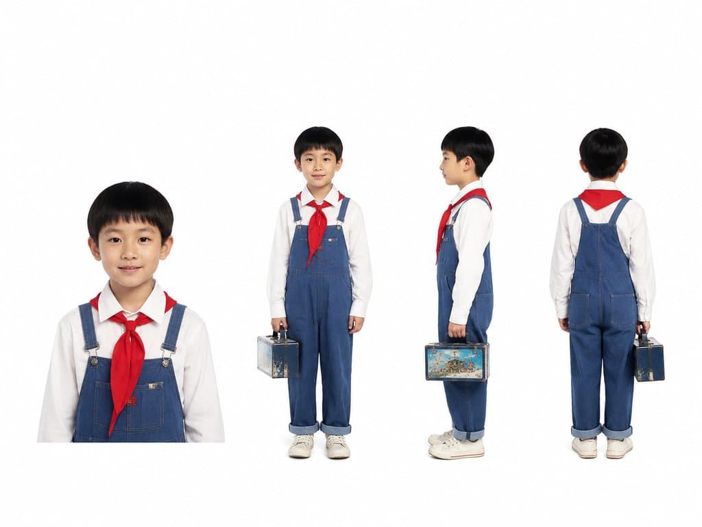 小学生身穿蓝色背带裤和红领巾，手持文具盒，多角度写实肖像