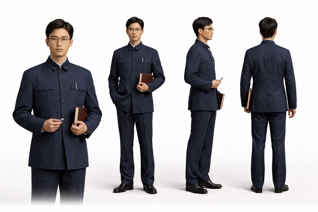 青年教师身穿深蓝色中山装，手持书本与钢笔，戴眼镜，多角度写实造型