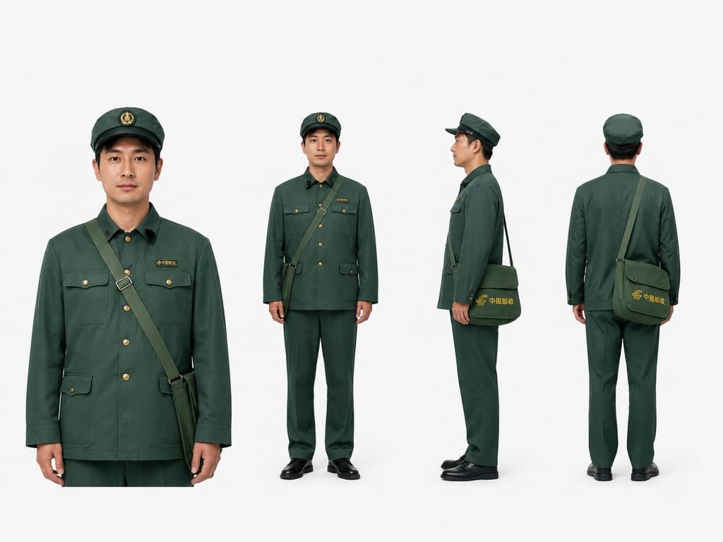 穿着绿色邮政制服的邮递员，佩戴帽子和邮包，正面、侧面、背面多角度展示，写实风格