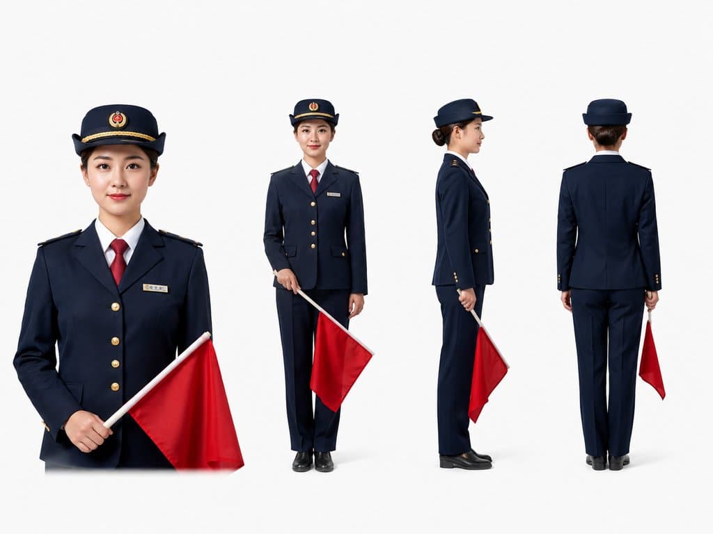 身穿铁路制服的女性乘务员，佩戴大盖帽，手持红色信号旗，正面、侧面、背面多角度展示，写实风格
