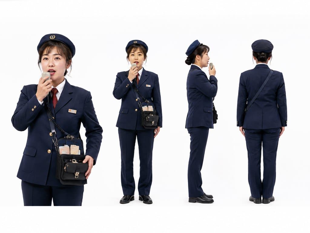 公交售票员身穿深蓝色制服，手持票夹和零钱包，正在报站，多角度展示，写实风格
