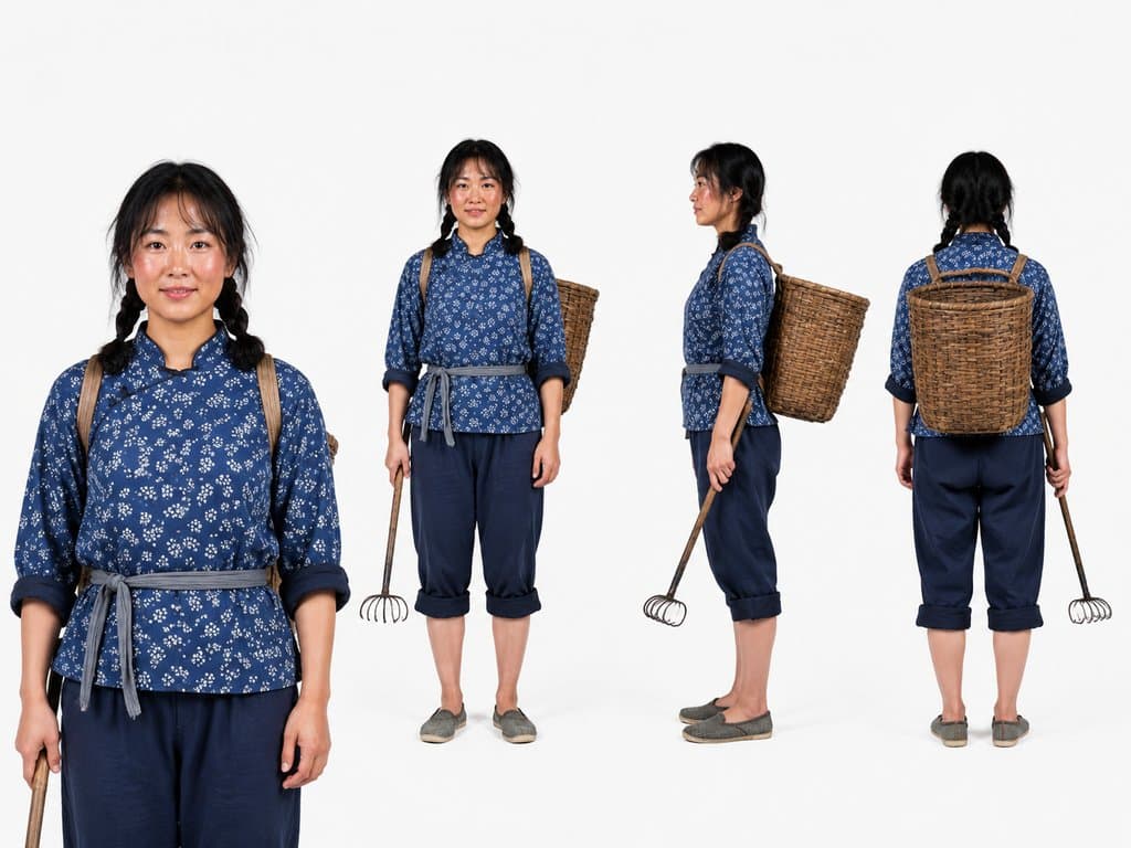 赶海渔家女，蓝布衫挽裤腿，背竹筐持耙，年代怀旧写实风格