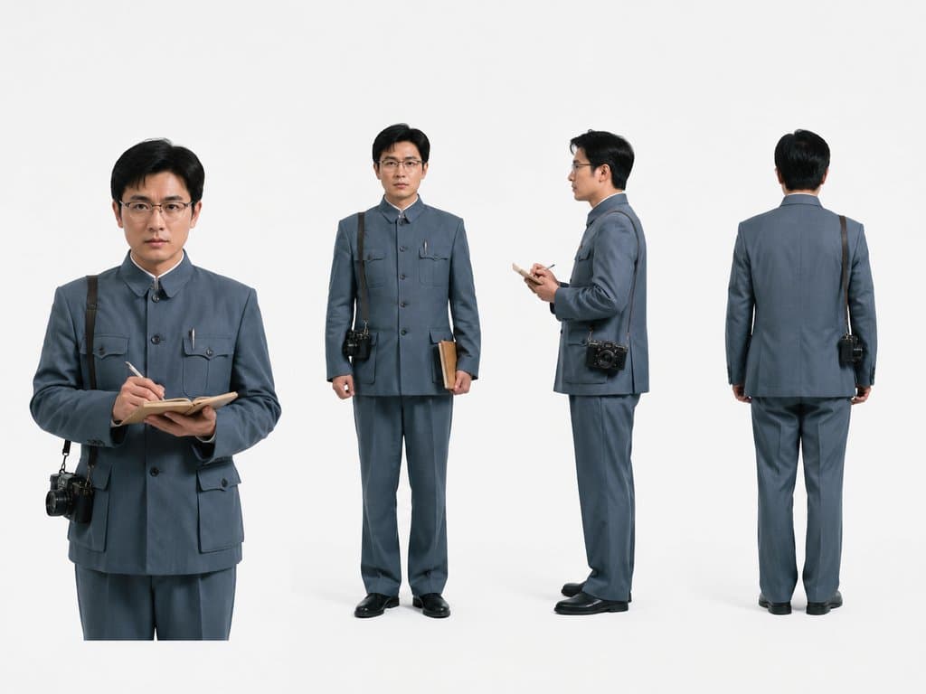 身穿中山装的报社记者，手持相机和采访本，佩戴眼镜，写实风格3D角色模型
