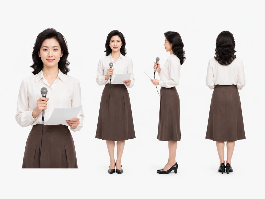 端庄女播音员手持话筒和稿纸，白色衬衫搭配棕色半裙，复古风格写实形象