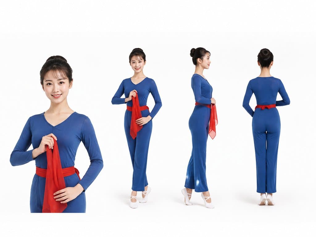 文工团女演员身着蓝色演出服，系红色腰带，手持红绸，多角度展示，写实风格