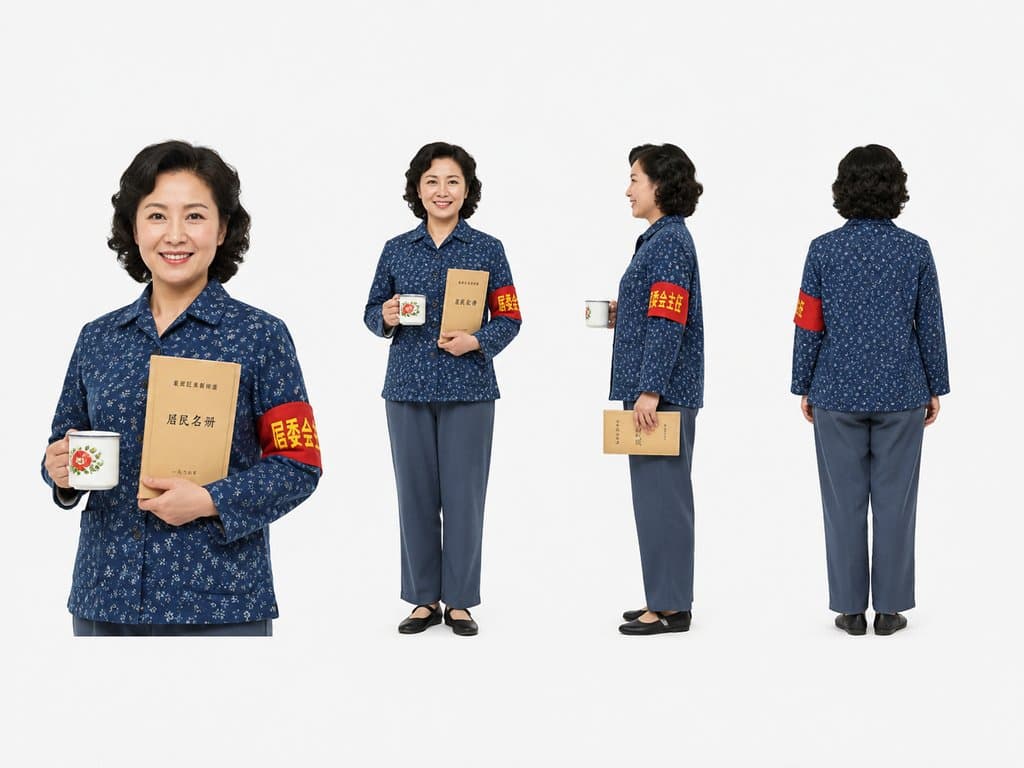居委会大妈身穿蓝布衫，佩戴红袖章，手持搪瓷缸和居民名册，年代怀旧写实风格角色图