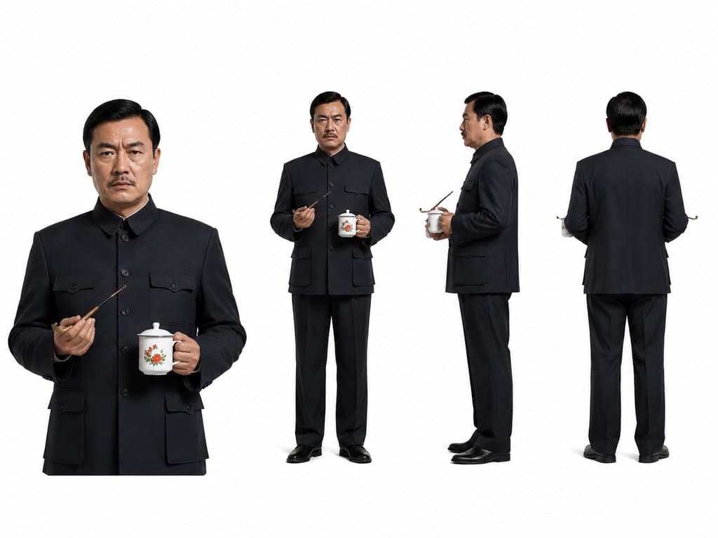 身穿中山装的严父手持旱烟和茶缸，板脸威严，年代怀旧写实风格角色图