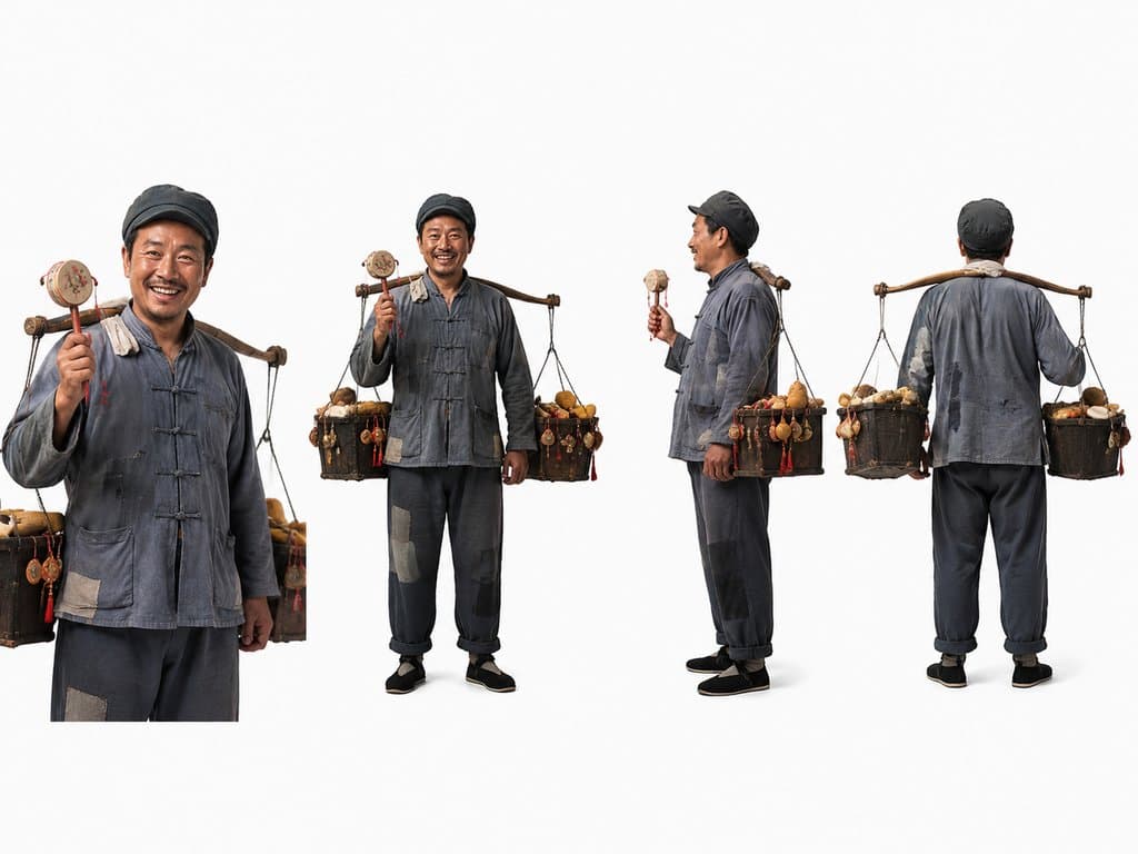 货郎身穿旧褂子，肩挑货郎担，手持拨浪鼓，面带笑容，年代怀旧写实风格