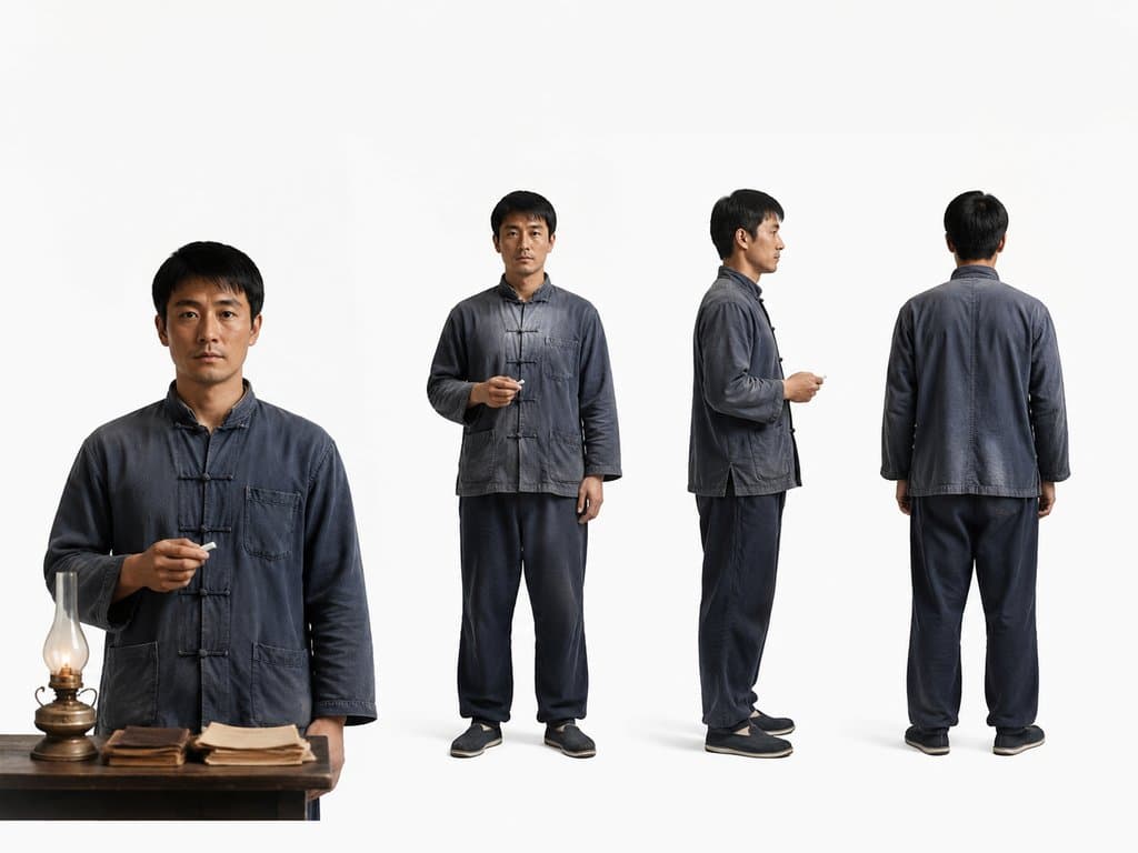 民国时期民办教师，身穿朴素中式服装，手持粉笔，旁有煤油灯和书本，写实风格角色图
