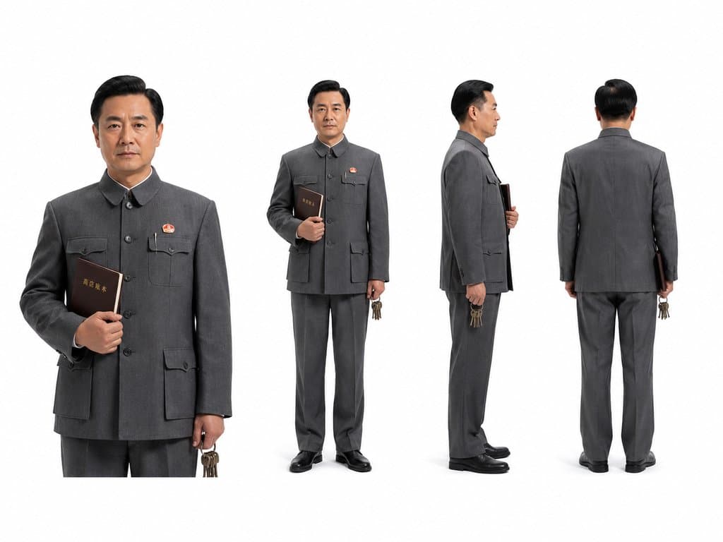 身穿中山装的国营商店经理，佩戴徽章，手持账本和钥匙串，年代怀旧写实风格角色图