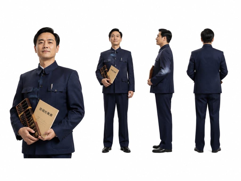 供销社主任身穿中山装，手持算盘和账册，年代怀旧写实风格人物形象