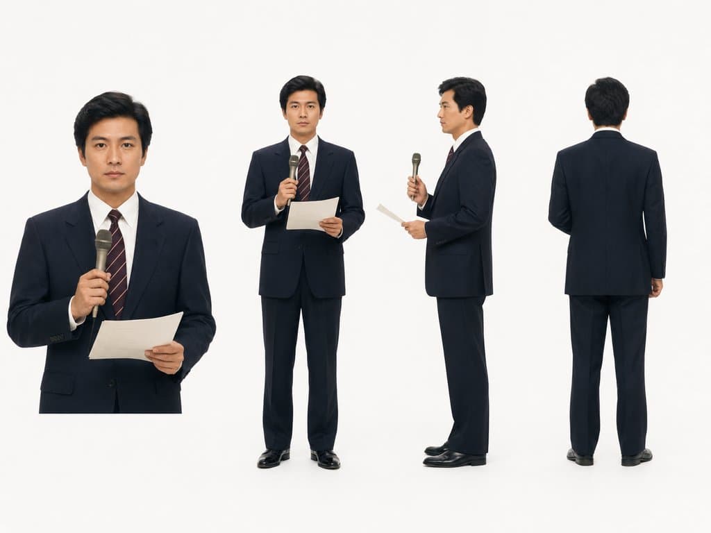 身穿深色西装的男性新闻播报员，手持话筒和稿件，正面、侧面、背面多角度展示，写实风格