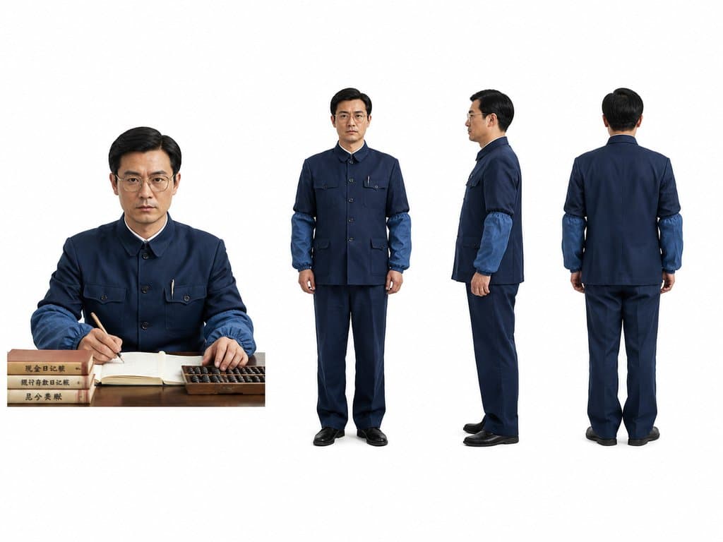 供销社会计身穿蓝色工装，佩戴套袖，手持钢笔记录账本，使用算盘，戴眼镜，年代怀旧写实风格