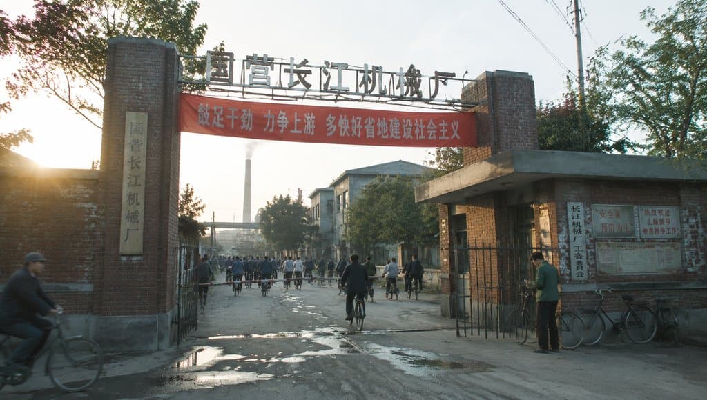 国营长江机械厂大门，红色标语横幅，职工骑自行车进出，年代怀旧写实场景