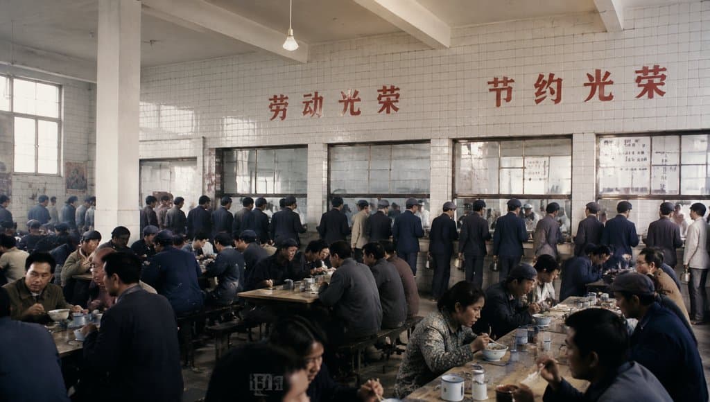 厂区食堂内人们排队打饭，长条桌旁用餐，墙上标语‘劳动光荣 节约光荣’，怀旧写实风格