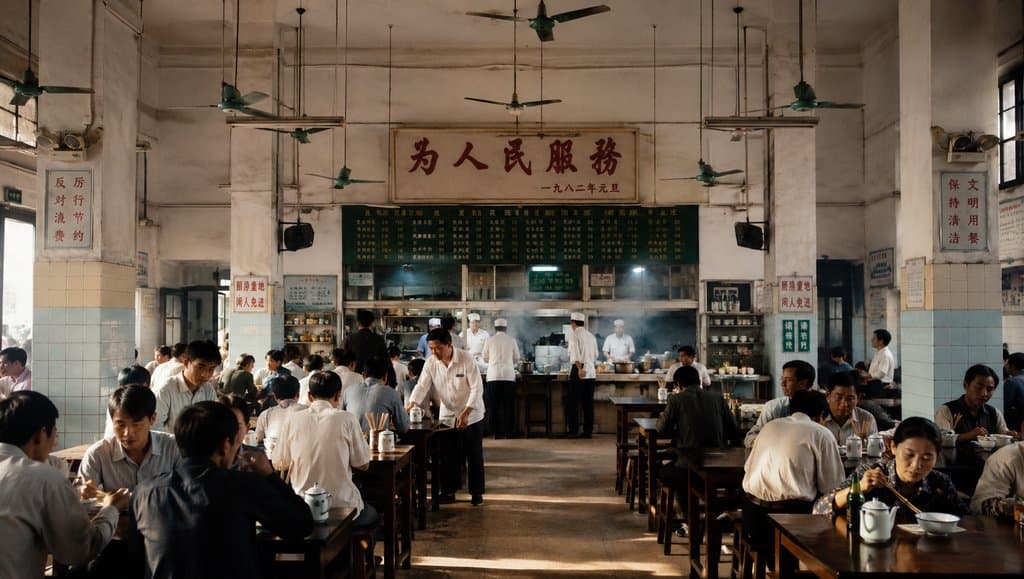 国营饭店内部，方桌长凳，吊扇旋转，价目水牌悬挂，怀旧写实风格