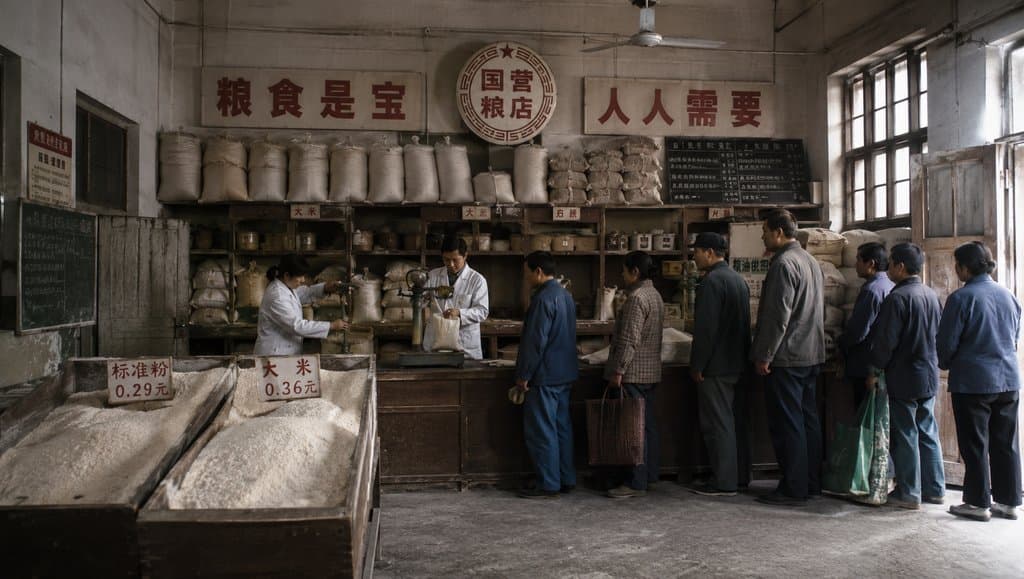 怀旧粮店场景，米面麻袋堆叠，顾客排队称重，写实年代感