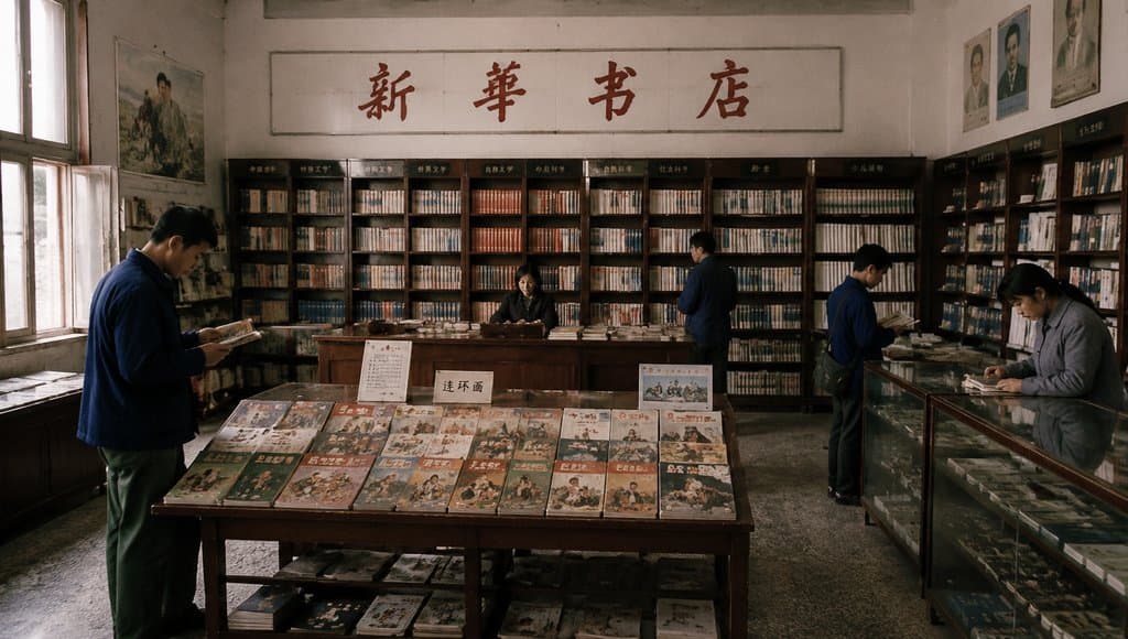 复古新华书店内景，木质书架陈列连环画，人物阅读，怀旧写实风格