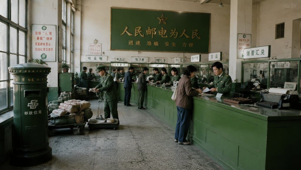 复古邮电局内部场景，绿色柜台与信箱，工作人员身穿军装，年代感浓厚的怀旧写实风格