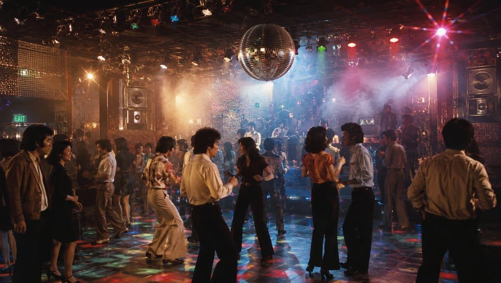 复古迪斯科舞厅，人群在镜面球和彩灯下跳舞，怀旧写实风格