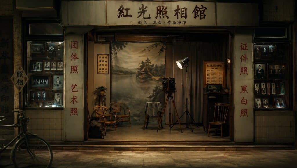 复古照相馆内部，老式相机、背景布与聚光灯，怀旧写实风格