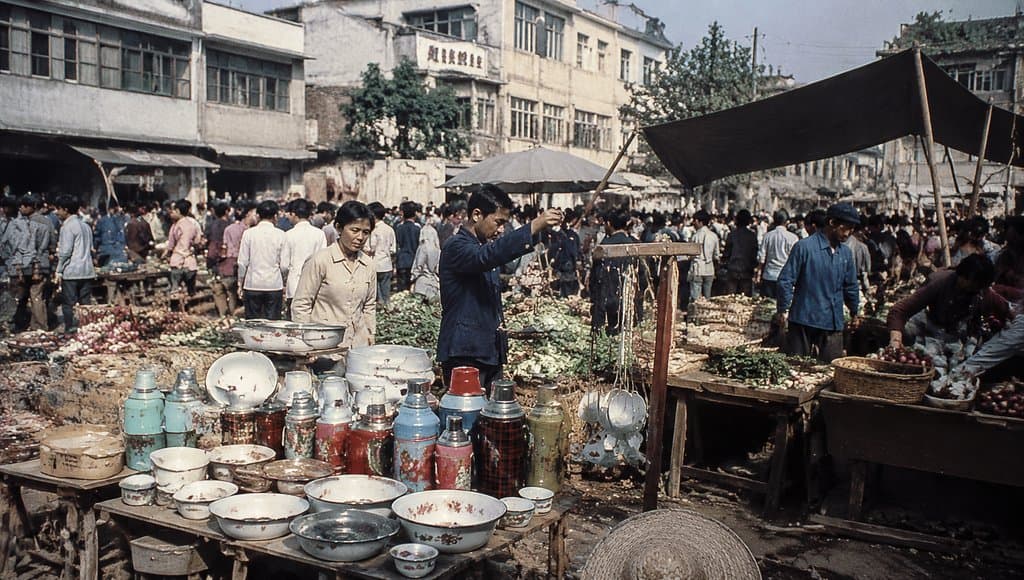 上世纪中国自由市场，人群熙攘，摊位摆满搪瓷碗、保温瓶和蔬菜，怀旧写实风格