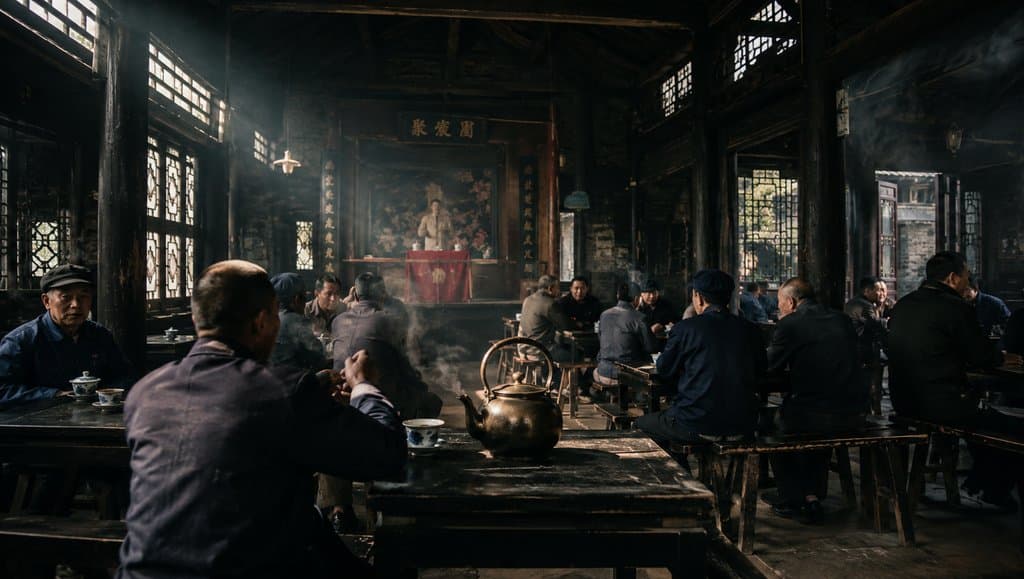 老式茶馆内，人们围坐八仙桌饮盖碗茶，铜壶冒烟，古朴木结构与窗格透光，怀旧写实风格