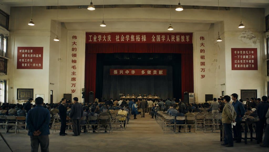 工人文化宫内部场景，红色横幅与翻板椅，怀旧写实风格
