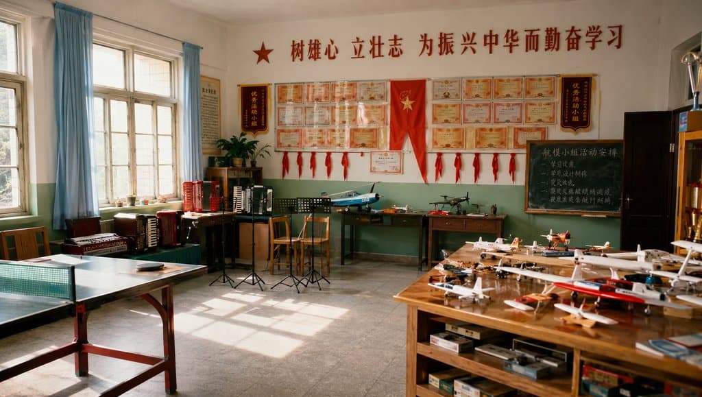怀旧少年宫教室，手风琴与航模陈列，奖状墙与红旗装饰，写实年代场景