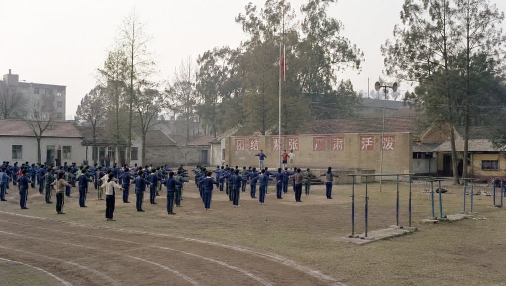 学校操场，土质跑道，学生做操，升旗台与单双杠，怀旧写实风格