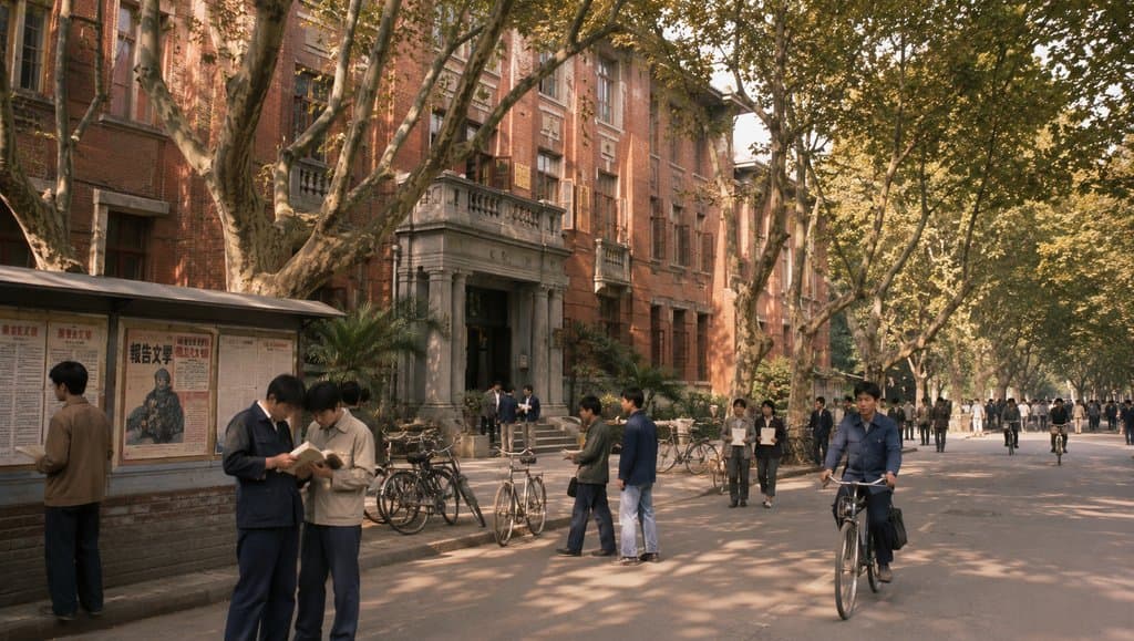 复古大学校园，红砖建筑与梧桐树道，学生阅读海报，怀旧写实风格