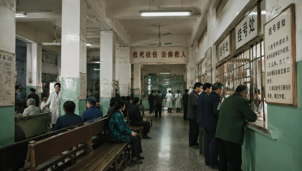 老式医院门诊大厅，患者排队挂号，白大褂医生走动，怀旧写实风格