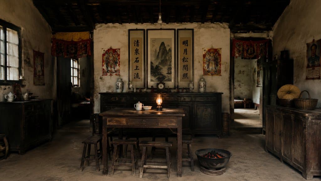农村堂屋内景，八仙桌、中堂画与年画，年代怀旧写实风格