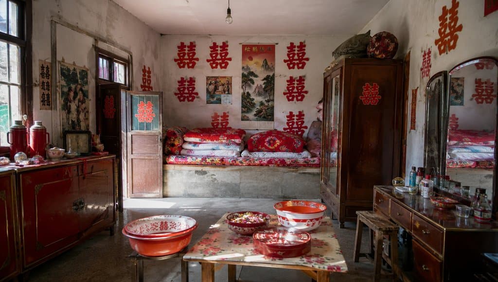 年代婚房内景，墙上贴满囍字，红色被褥与喜糖盆陈列，怀旧写实风格
