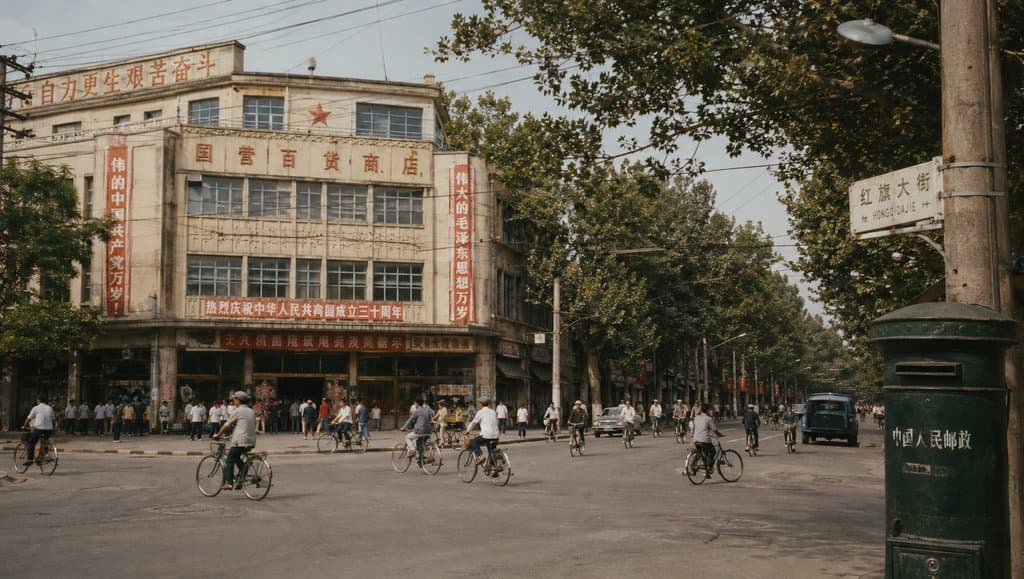 县城十字街口，国营商店前人群骑车穿行，梧桐树荫下怀旧年代感场景