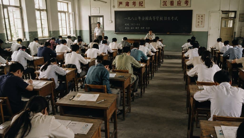 1980年代高考考场，考生专注答题，监考老师巡视，怀旧写实风格