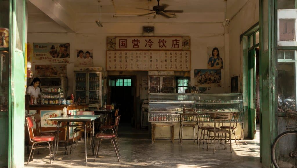 复古国营冷饮店内部，玻璃柜陈列汽水冰棍，吊扇悬挂，怀旧写实风格