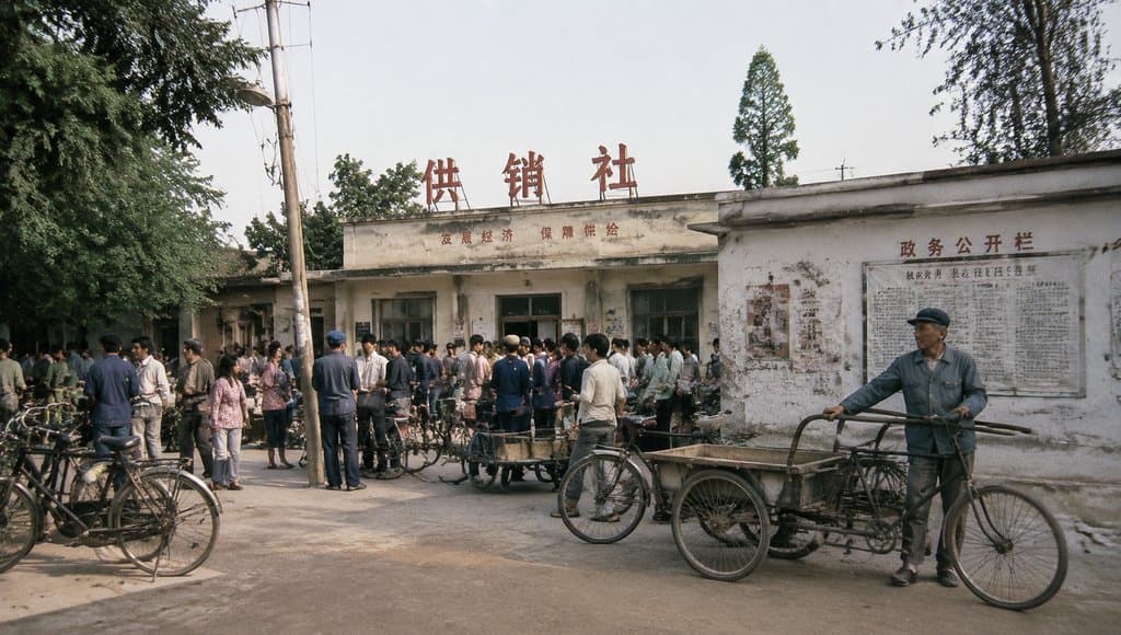 供销社门口人群聚集，自行车与板车停靠，布告栏张贴信息，年代感写实场景