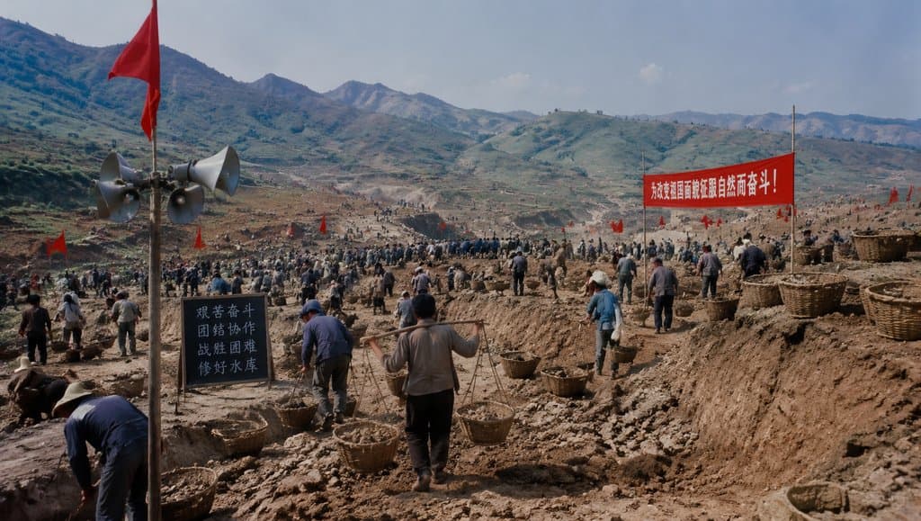 水库工地场景，民工挑土劳作，红旗飘扬，年代怀旧写实风格