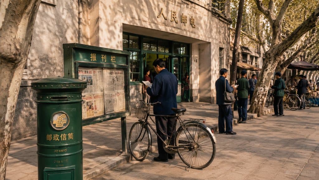 老式邮局门口，绿邮筒、报刊栏与自行车，怀旧写实风格