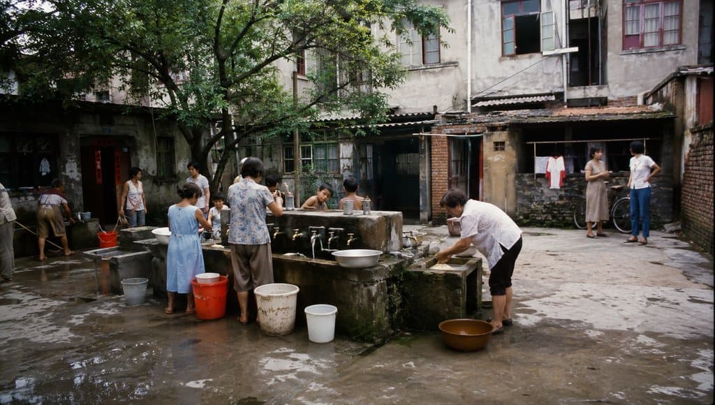 老式院落中人们在水泥水龙头旁接水洗菜，怀旧写实场景